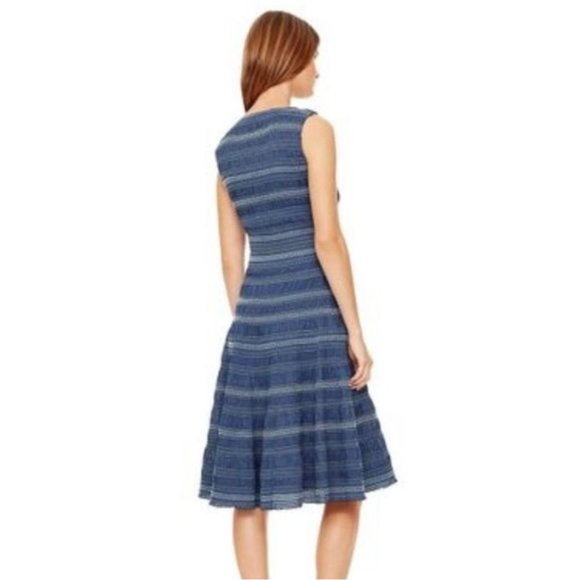 NWT Tory Burch Blue Striped Smocked CottonMidi Dress Size 4 - Picture 3 of 12